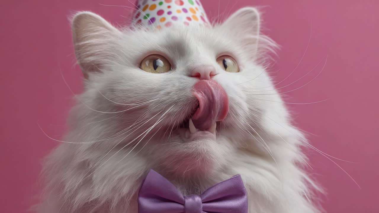 Seekor kucing putih berbulu halus dengan ekspresi lucu mengenakan topi pesta meriah dan dasi kupu-kupu, menampilkan kepribadiannya yang suka bersenang-senang dengan latar belakang merah muda yang ceria