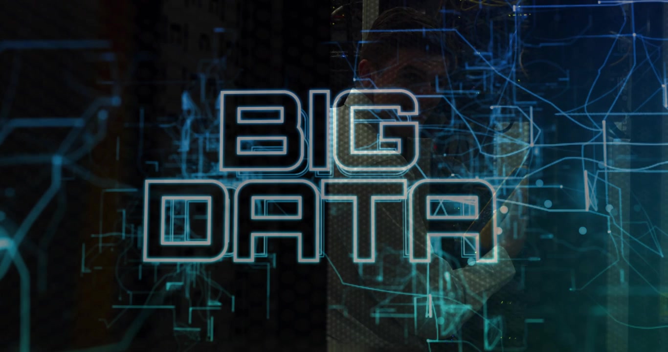 Blue circuits appearing, male tech holding device, inspecting rack, BIG DATA growing, showing data