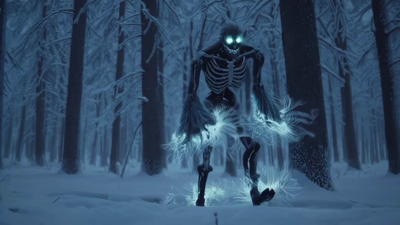 Skeletal Monster in a Snowy Forest