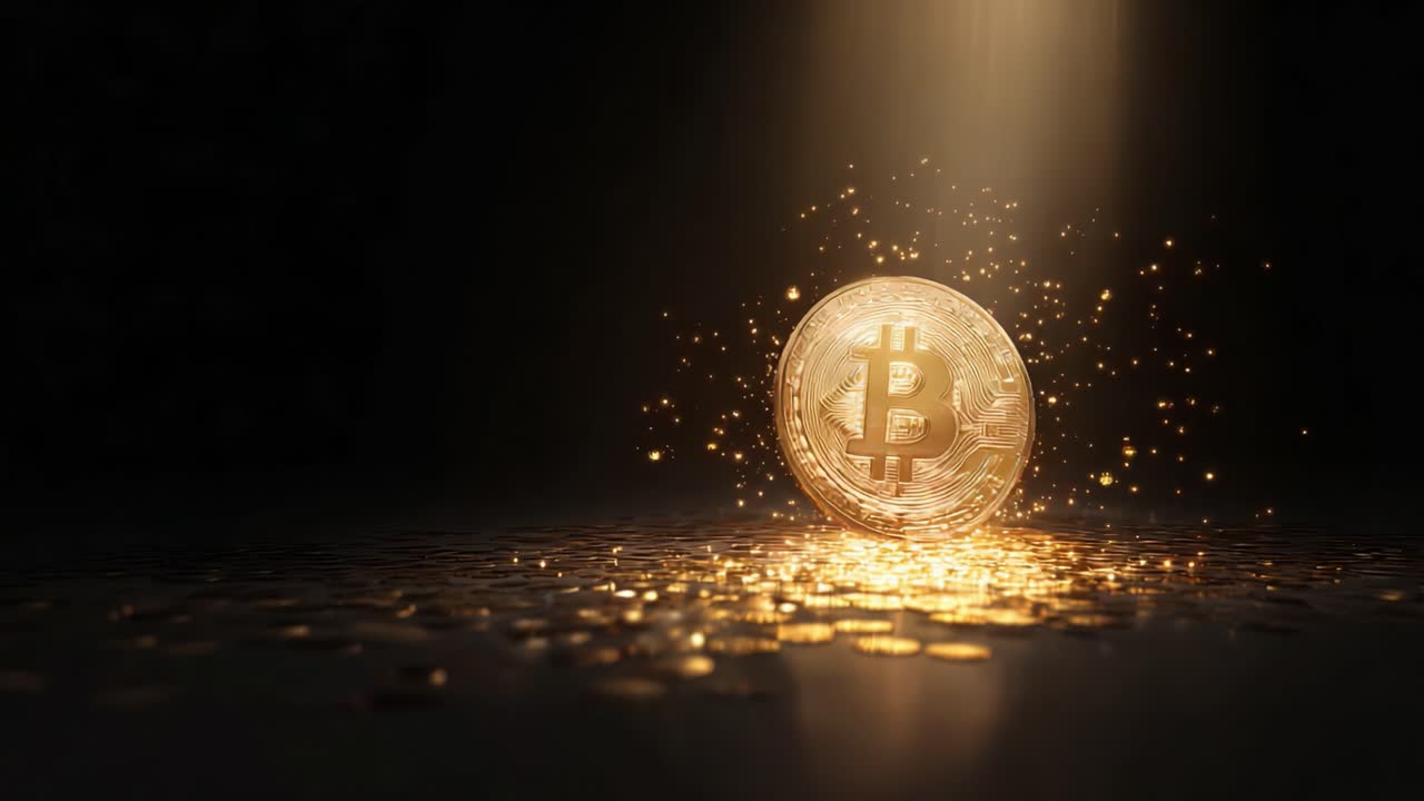 Illuminated Bitcoin Coin Surrounded by Glimmering Gold Particles in a Dark Background, Symbolizing Wealth, Success, and the Rise of Cryptocurrency in the Digital Age