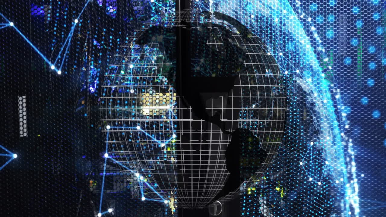 Digital globe with network connections processing data on blue background animation