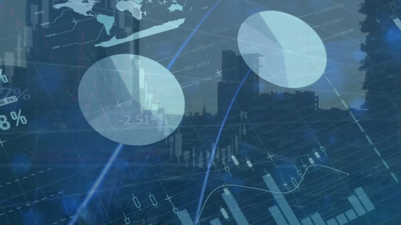 하늘을 배경으로 비즈니스 파크의 공중 시야에 대한 인포그래픽 인터페이스의 애니메이션