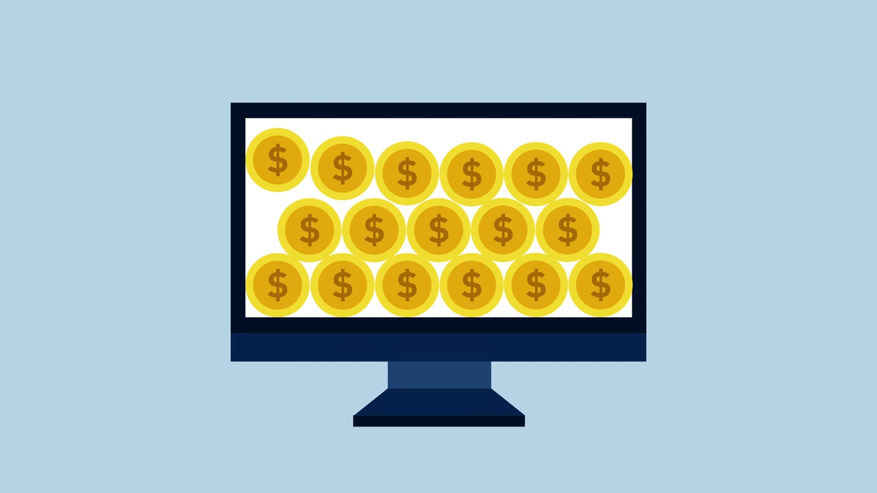 Animazione di monete d'oro che riempiono lo schermo di un monitor di computer.