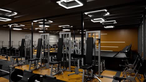 interior gym's area with modern gym in 3d render animation. excesie equipments with modern design. 3d visualization