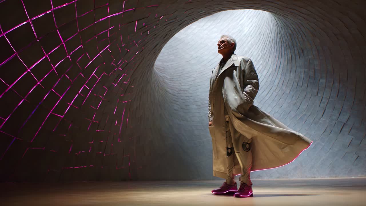 An individual wearing a stylish coat stands confidently in a futuristic, illuminated tunnel with vibrant pink lights highlighting the contours of its walls, creating an otherworldly atmosphere