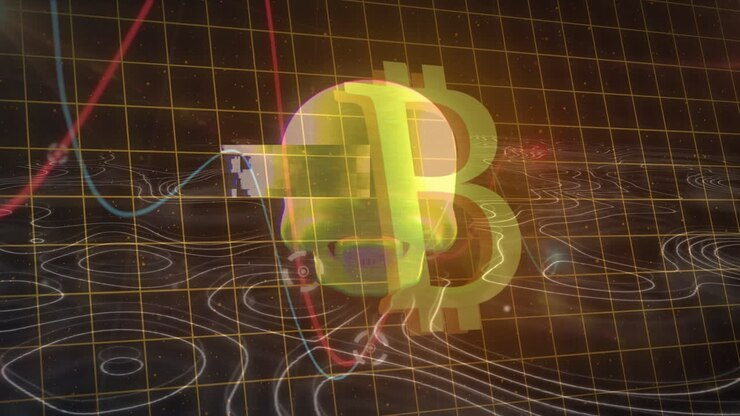 Animazione di teschio e bitcoin su elaborazione dati e bolle su sfondo nero
