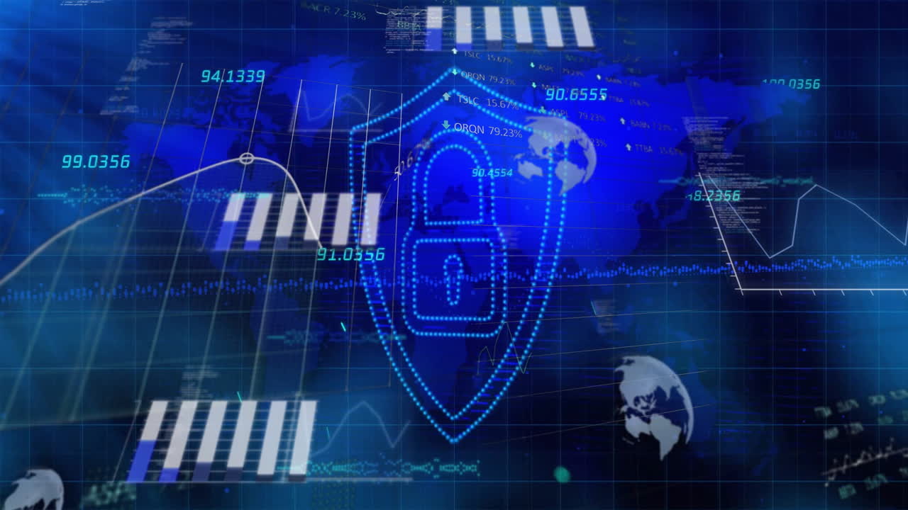 Animation of data processing with globes over shield and padlock icon and world map