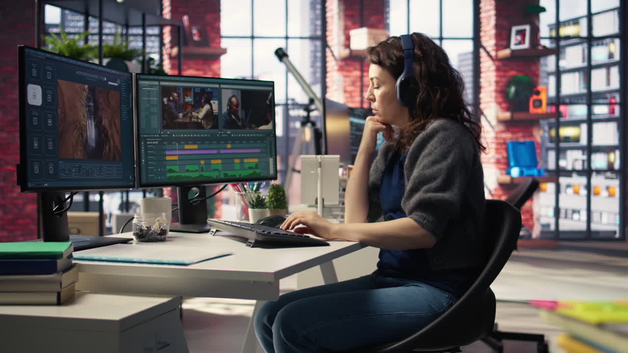 Video editor working on media post production from agency office