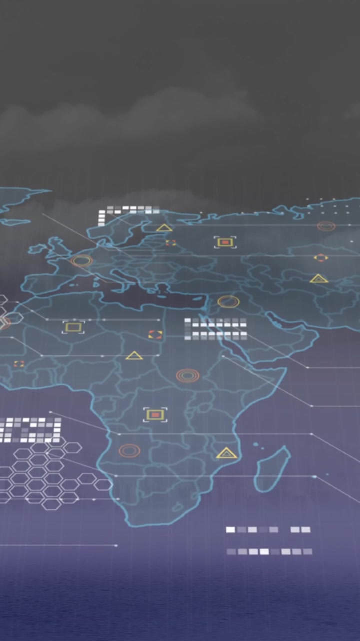 Animation of world map and data processing against aerial view of cityscape