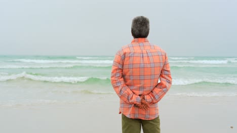 Rear-view-of-active-senior-African-American-man-with-hand-behind-back-standing-on-the-beach-4k