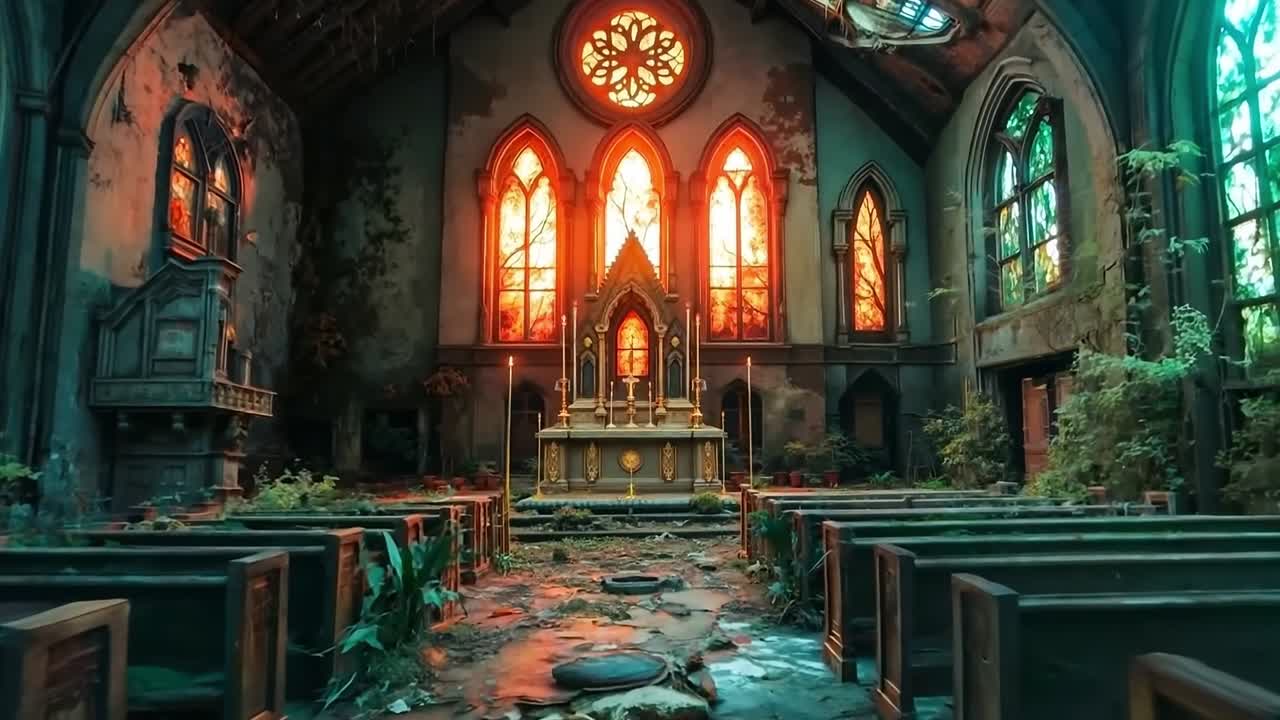 스테인드 글래스 창문 과 벤치 가 있는 교회