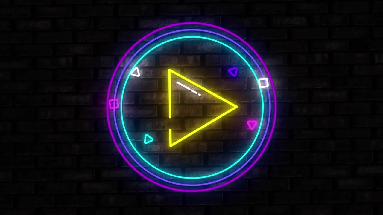 Digital animation of abstract purple shapes over neon like icon on round banner against brick wall