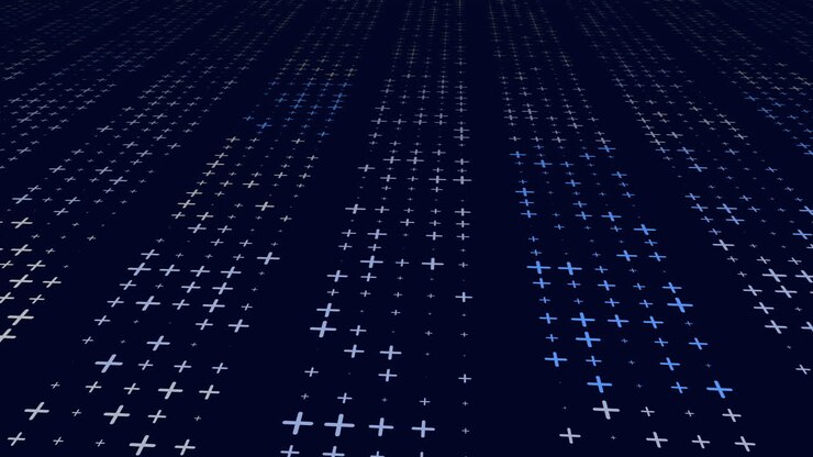 A simplistic image showcasing a grid of blue and white stars set against a black background, creating a visually striking and orderly pattern