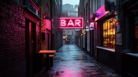 pink neon bar in a london alleyway at night