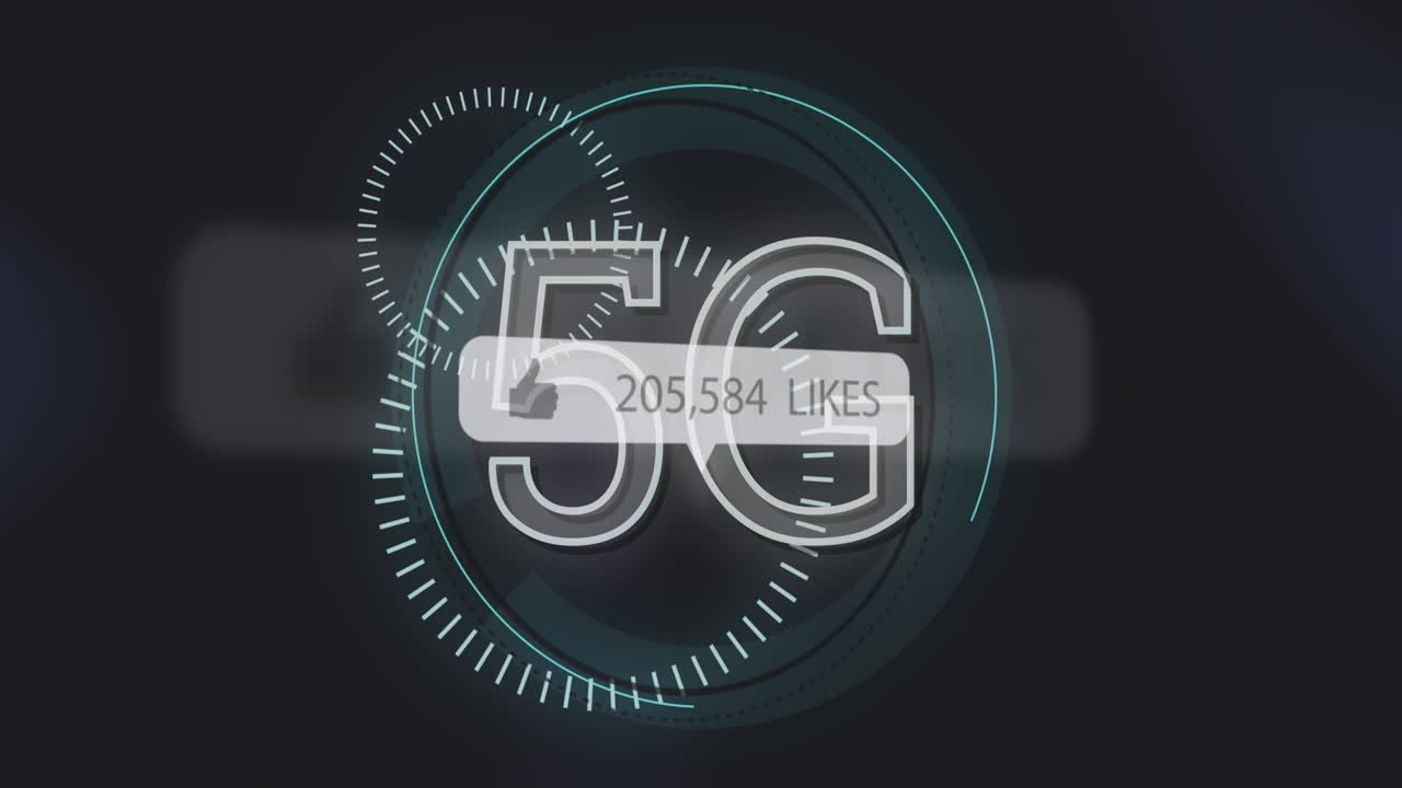 Fumetto con icona "mi piace" e numeri in crescita su sfondo del testo "5G" su un mirino