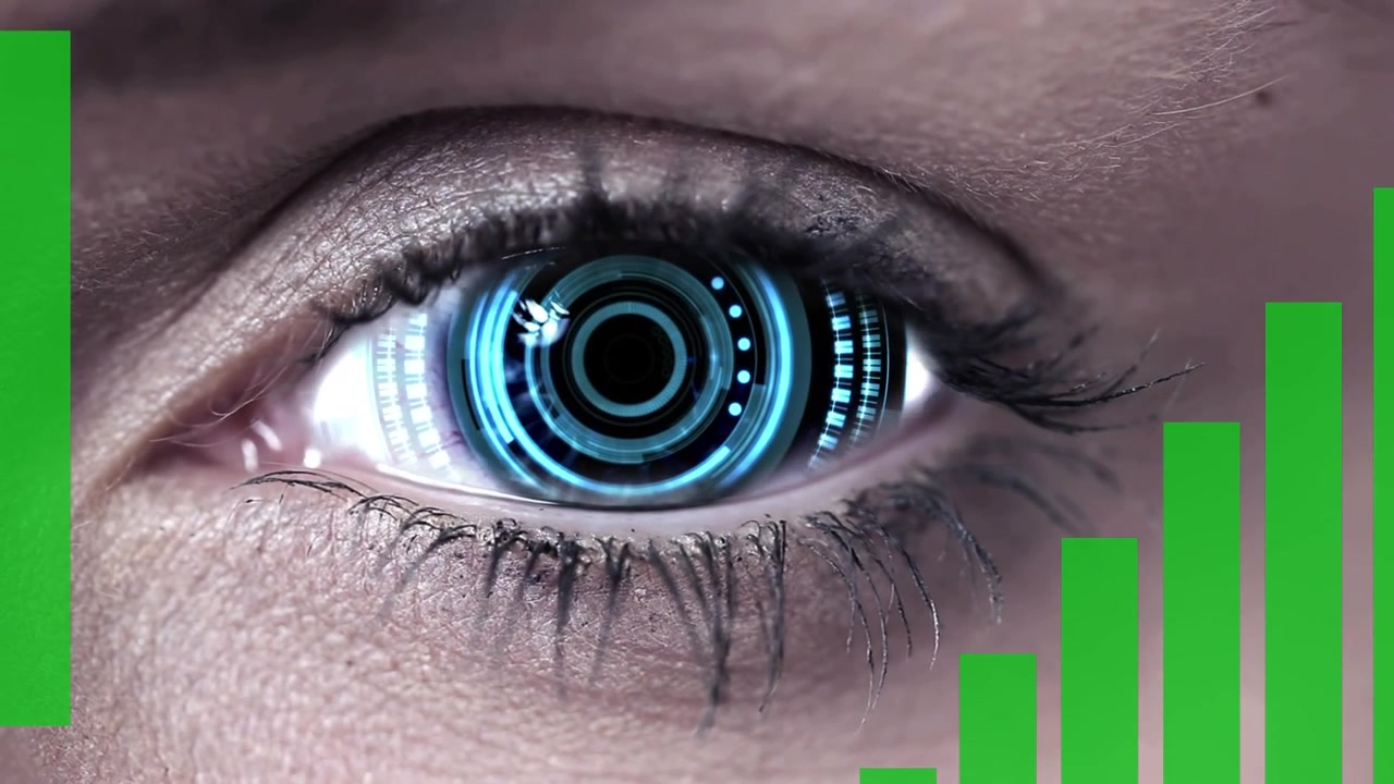 Human Eye With Digital HUD Overlay and Financial Bar Graphs