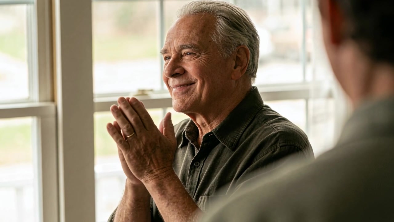 Clapping senior man in collared shirt reacting to companion speaking near window, wedding band