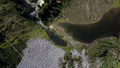 lagos de montaña con senderos y un dron de arroyo