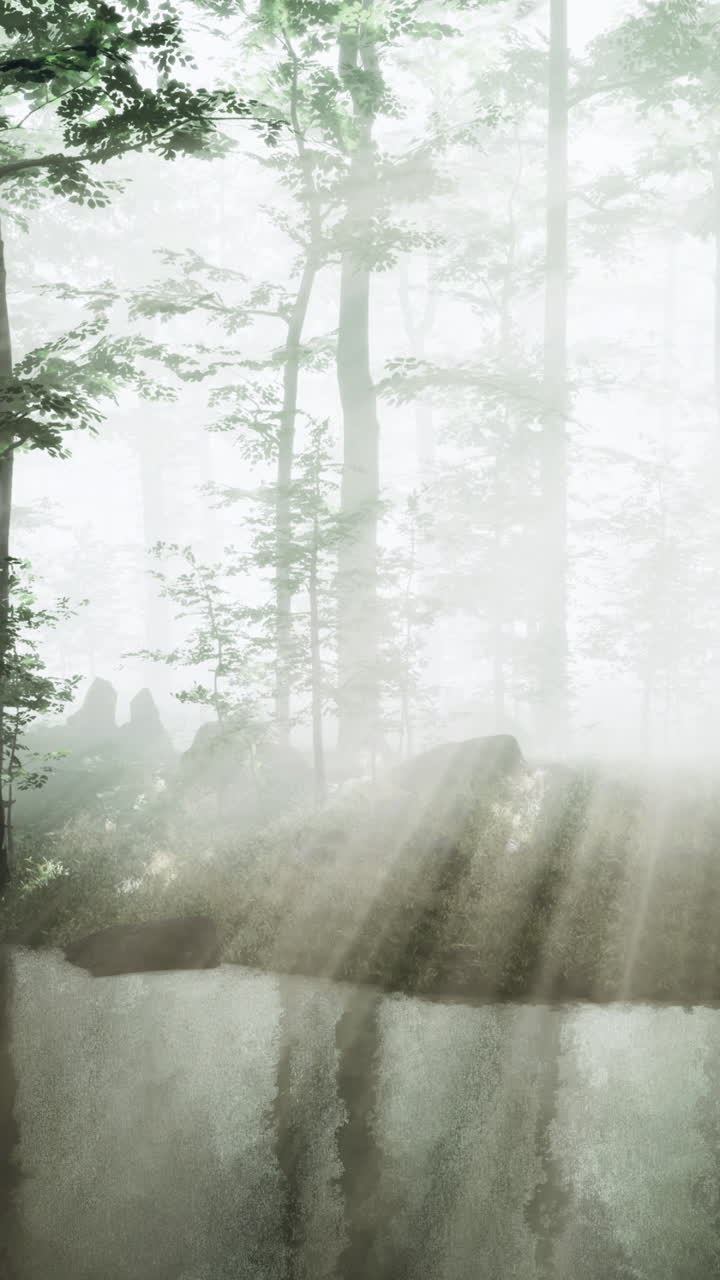 Soft sunlight filters through the dense fog in a serene forest
