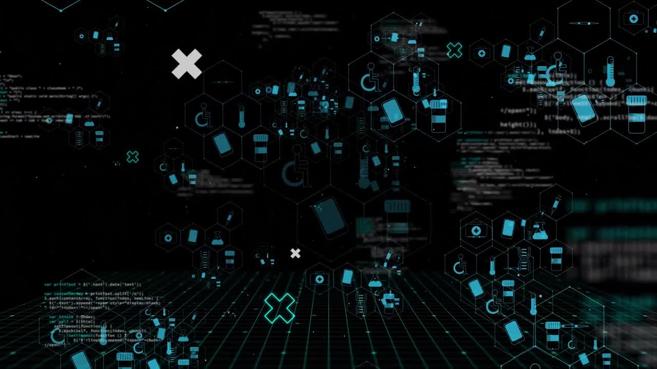 Animation of medical icons and data processing on black background