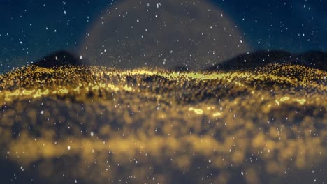 Animation-of-snow-falling-over-glowing-gold-mesh-waving-with-moon-in-background