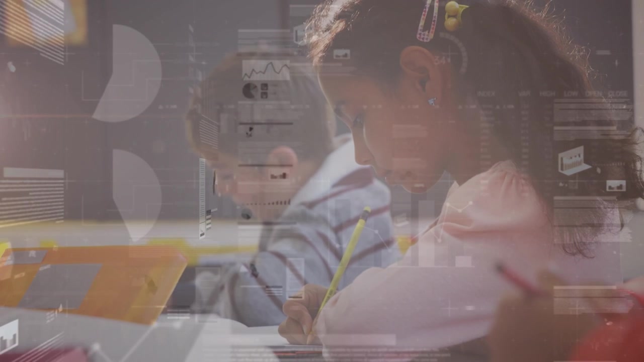 Students Writing in Classroom with Digital Data Overlay