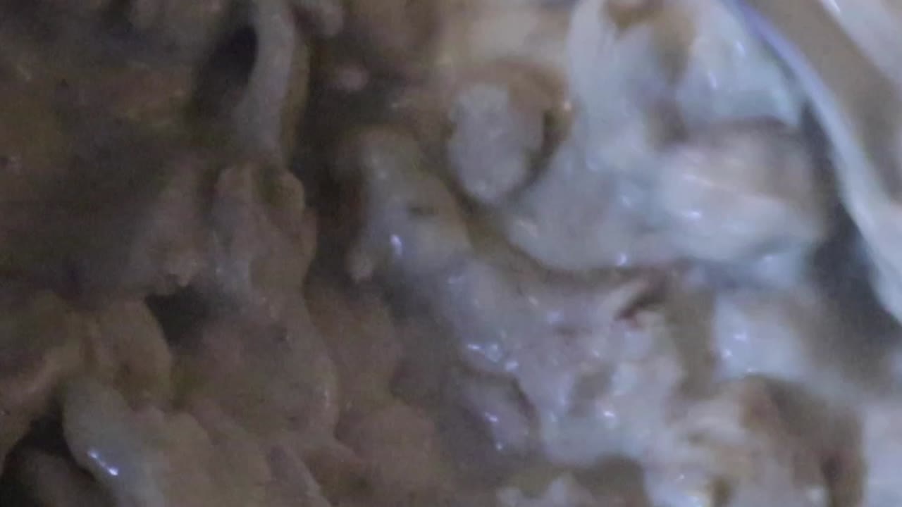 Chef Cooking And Stirring Chicken Meat On Creamy Sauce. - close up