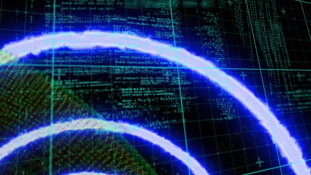 Animation of neon waves and circle over data processing on black background