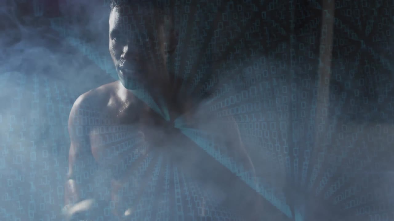 procesamiento de datos de codificación binaria contra boxeador afroamericano golpeando guantes de boxeo