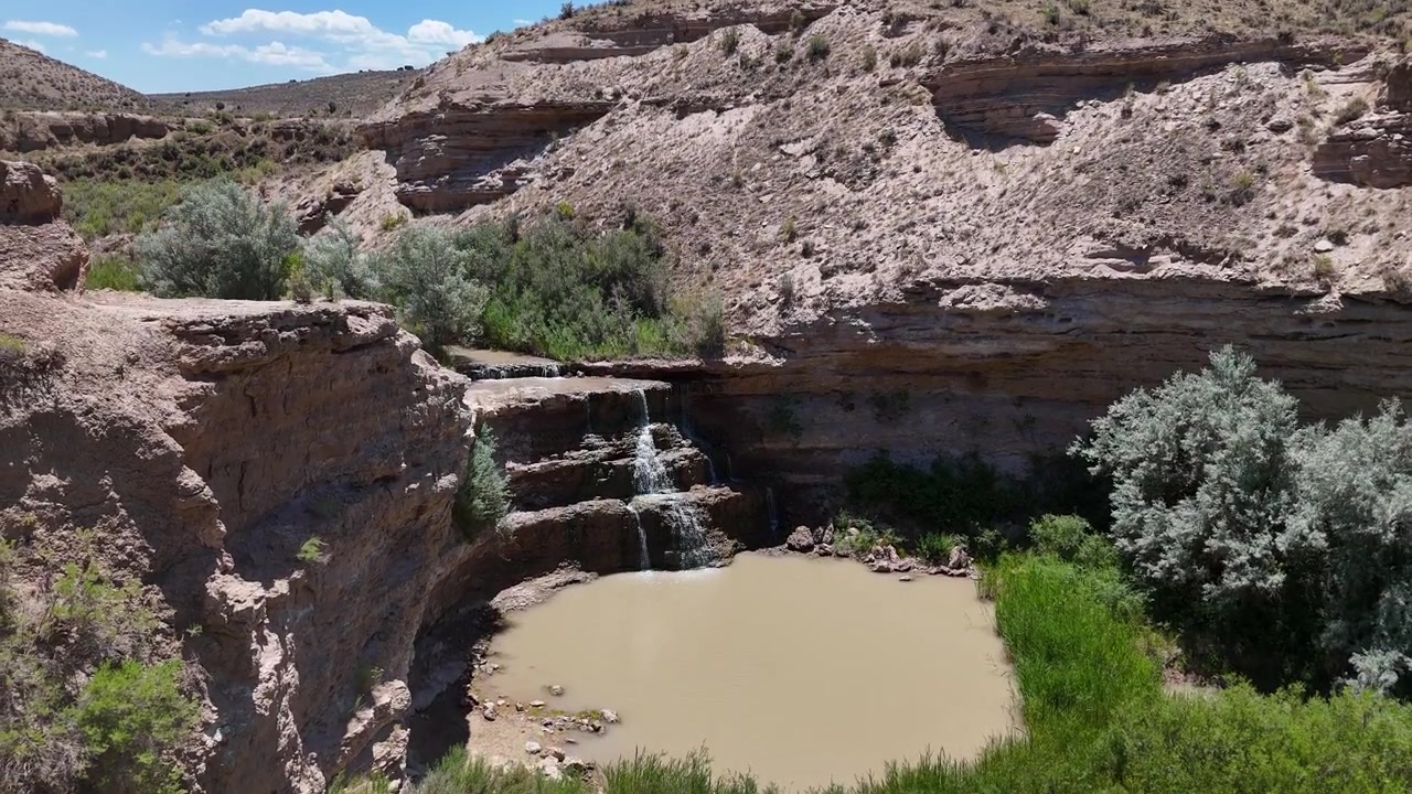 Aerial View of Vermillion Falls and Creek, Hiking Trail in Colorado USA on Hot Sunny Day, Drone Shot