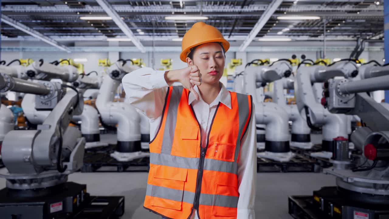 로 을 가진 공장 환경 에서 불쾌 을 표하는 여자