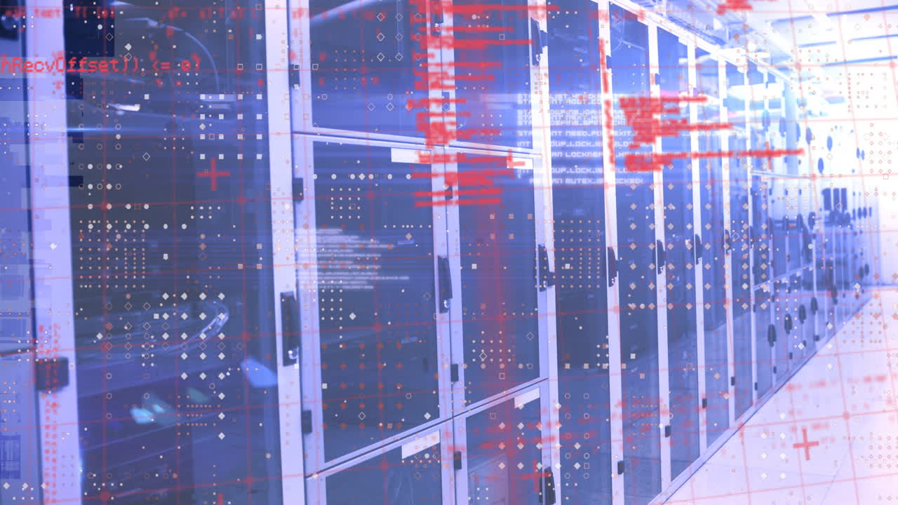 animación del procesamiento de datos y el patrón de puntos contra la sala del servidor de la computadora.