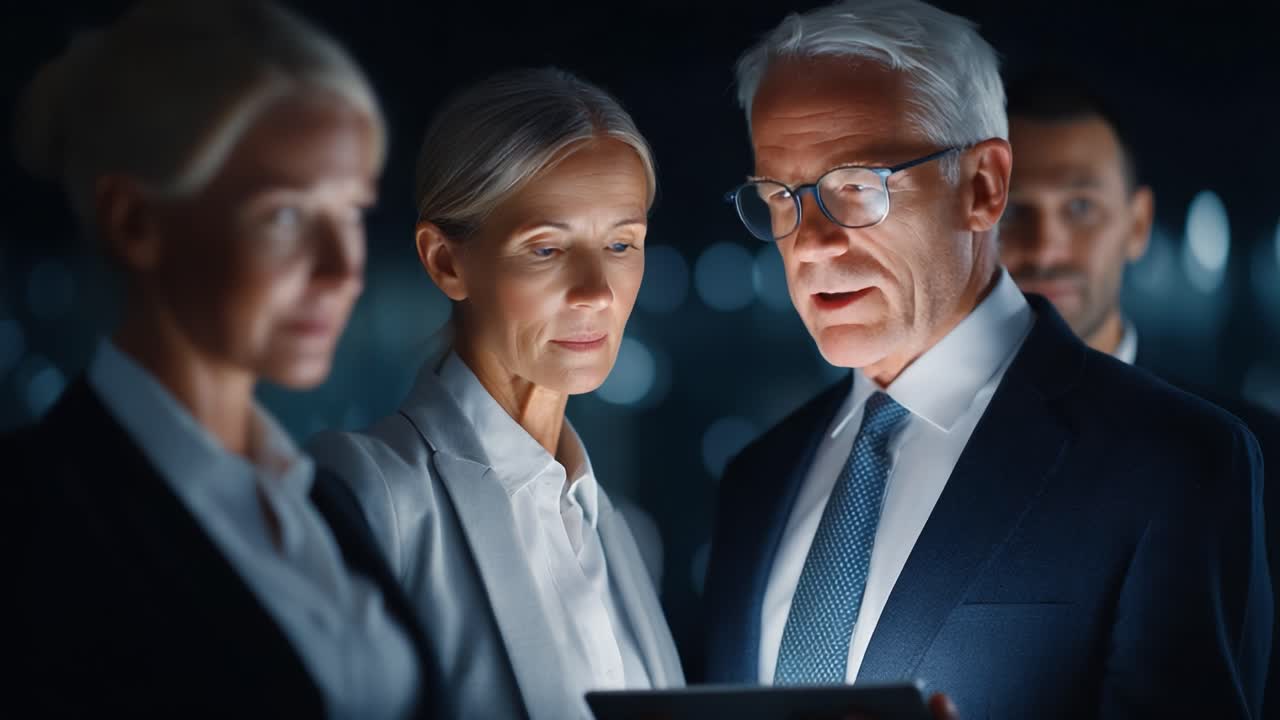 Focused Group in a Professional Setting Engaging with a Tablet Under Soft Lighting, Exhibiting Collaboration and Modern Technology Use