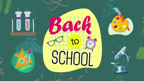 animation of back to school text banner over science concept icons against green background