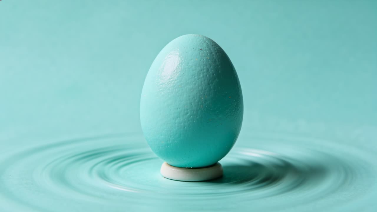 Starting ripples growing from pedestal across turquoise set, egg remaining upright with gloss