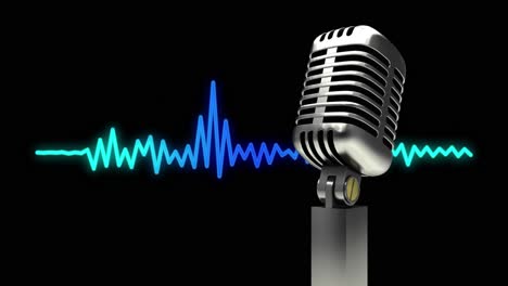 animación del micrófono de plata retro y el ecualizador de música gráfico azul y verde en movimiento
