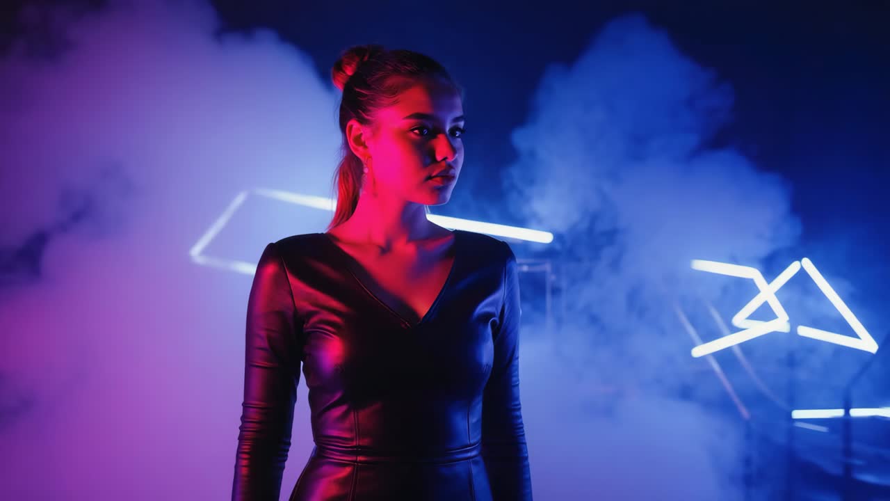 Una giovane donna in un ritratto futuristico con luci al neon e fumo