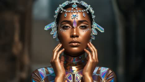 a captivating portrait of a model adorned with iridescent jewels and futuristic body art, exuding elegance and mystery with a striking visual aesthetic