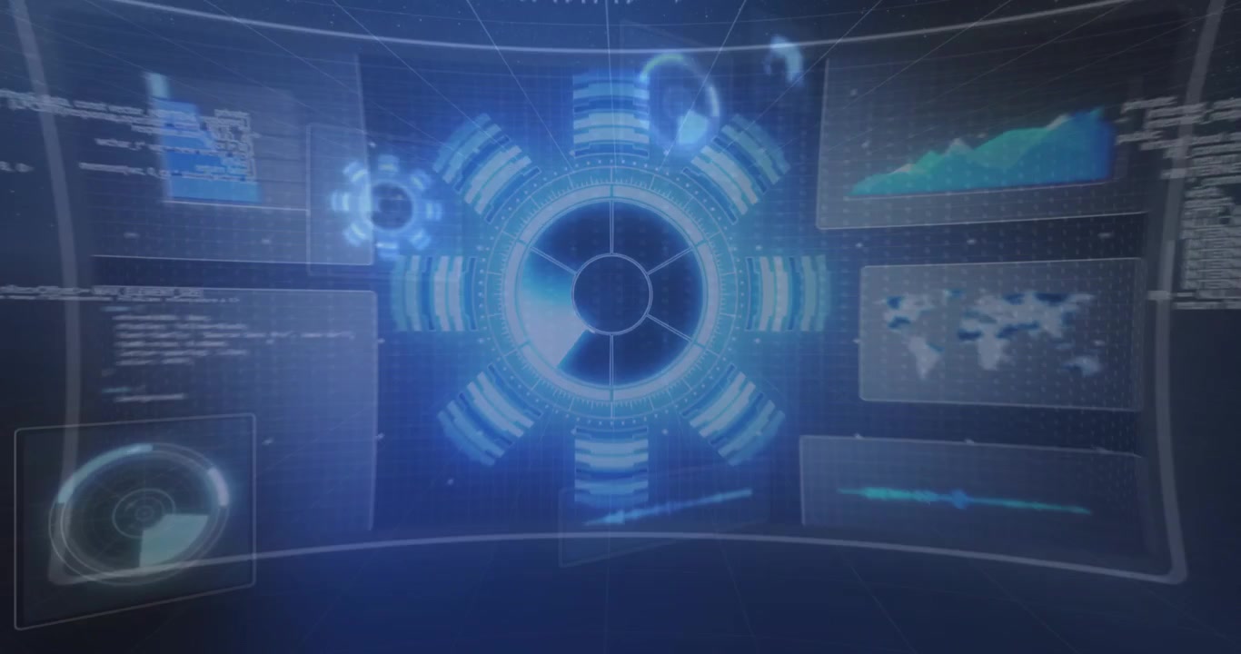 Central hub rotating and expanding after data pulse, panels updating to visualize live analytics