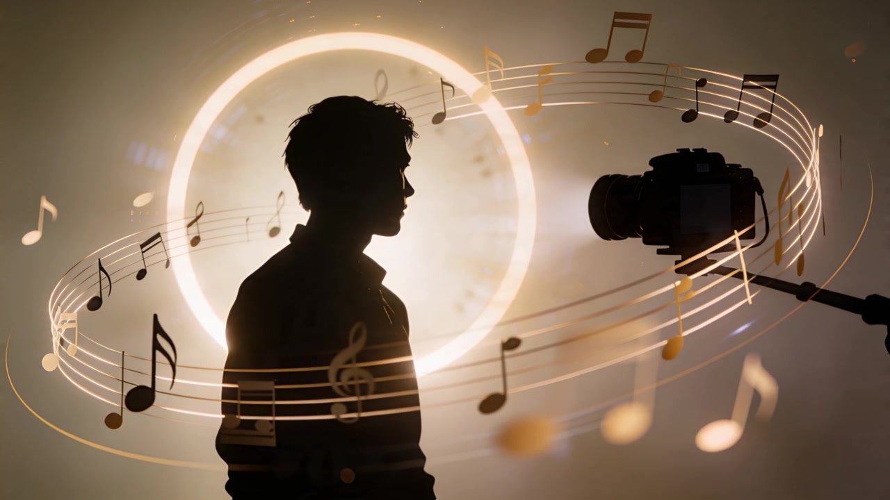Standing man still before studio ring light, notes rising spiraling toward camera for filming