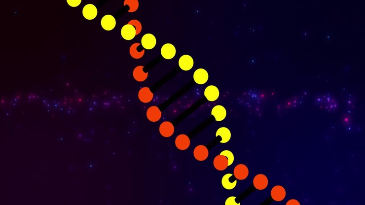 Animation af DNA-streng, der roterer over glødende neonprikker