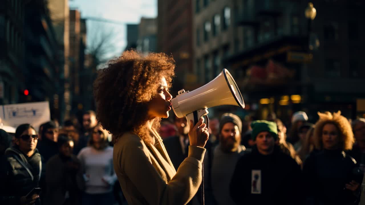 A woman with a megaphone leads a protest in a city street. Captured at eye level, the video conveys