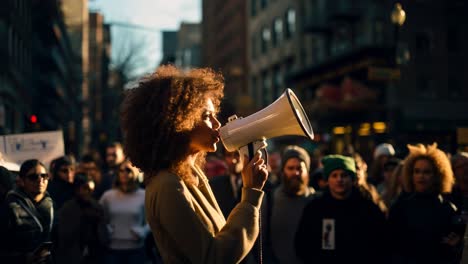 a woman with a megaphone leads a protest in a city street. captured at eye level, the video conveys