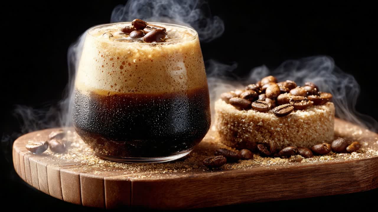 Aromatic Coffee Delight: Captivating Images of Dark Brew and Sweet Accompaniments with Steaming Aroma and Textured Presentation