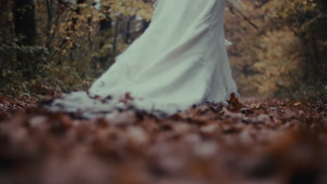 a person in a white dress walks on a leafy autumn forest path