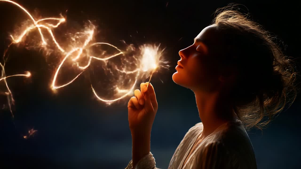 A mesmerizing vision of ethereal beauty, a young woman gently interacts with flowing light trails, presenting an enchanting display of creativity and wonder in a darkened atmosphere