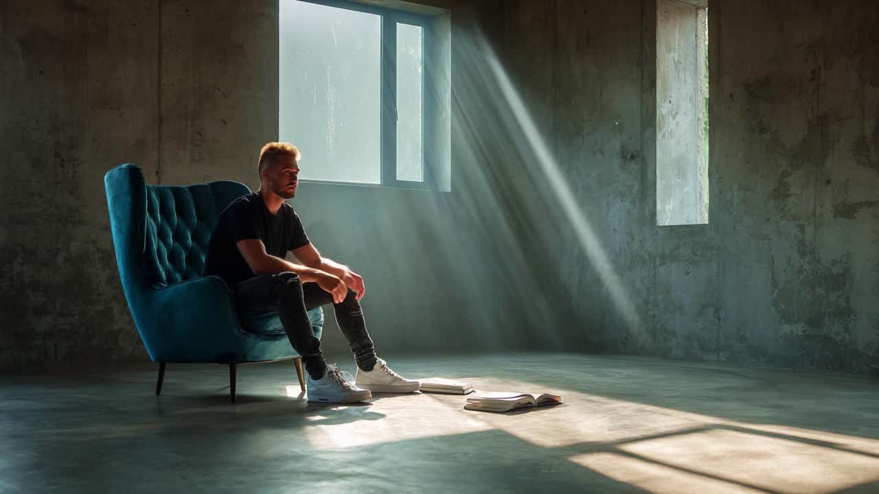 A Reflective Moment: A Young Man Sits in Thought on a Cozy Armchair, Bathed in Gentle Sunlight Filtering Through a Window in a Minimalist Room, Evoking Feelings of Contemplation and Solitude