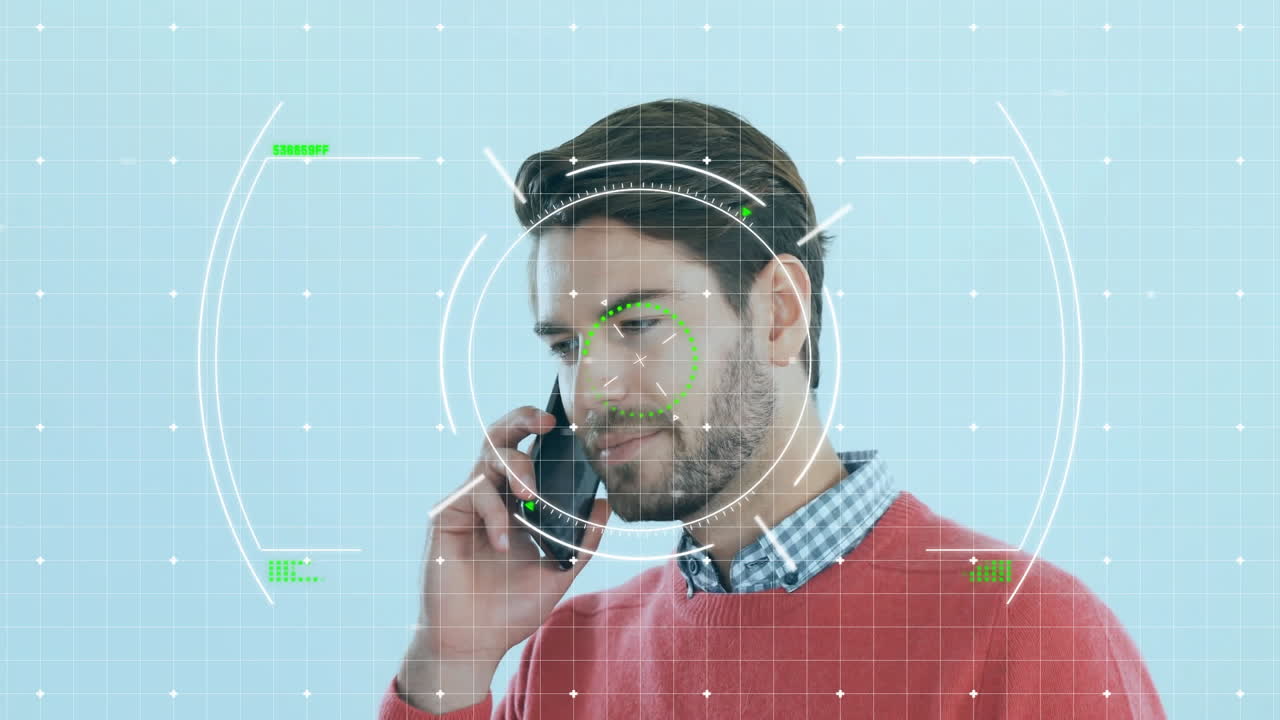 Talking on phone, man in red sweater with facial recognition animation overlay