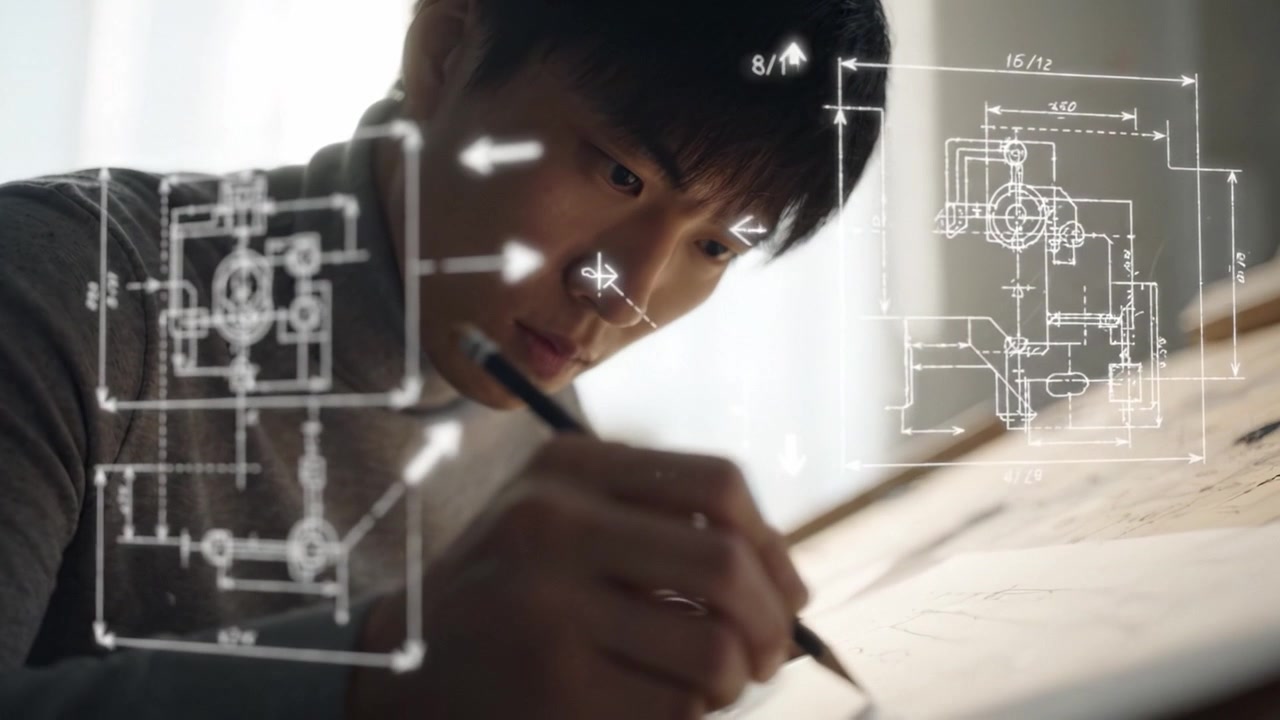 集中するアーティストが精密かつ細部にまでこだわり技術図面を描き、一筆ごとに創造性と独創的デザインの真髄を捉える