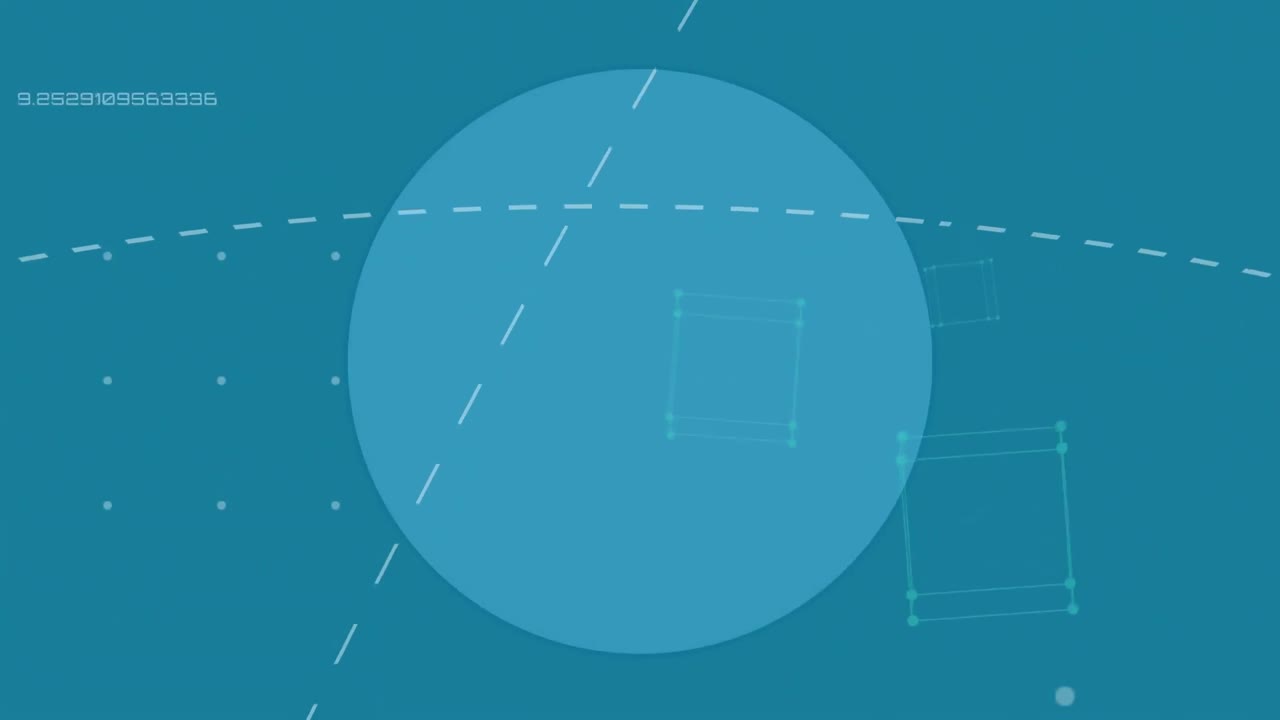 파란색 배경에 있는 원 위의 점선과 큐브의 애니메이션